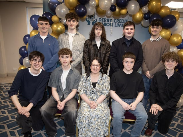 Mrs. Caroline McLaughlin, Principal, St. Columb's College pictured with some of the nominees from the school at Monday night's Derry Credit Union Young People's Awards 2025.