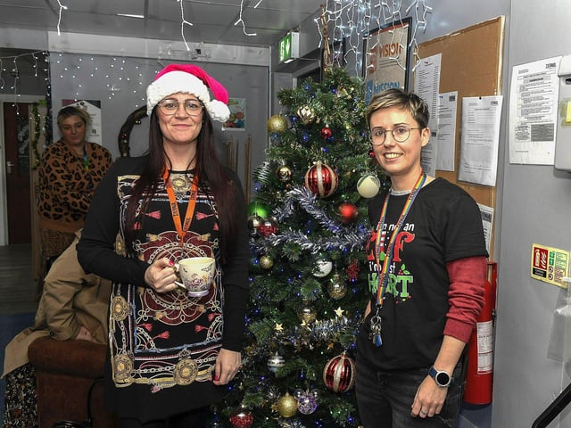 Caoimhe Millar and Sabrina Barrett pictured at the Depaul Foyle Haven Coffee Morning on Friday morning. The event was held to raise awareness of Depaul’s Home for Christmas campaign and Homeless Awareness Week. Photo: George Sweeney