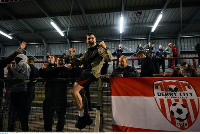 Derry City supporters celebrate after the SSE Airtricity Men's Premier Division match between Bohemians and Derry City at Dalymount Park in Dublin. Photo by David Fitzgerald/Sportsfile