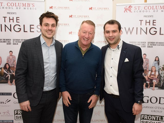 Louis Fields and Nicky Morton, founders of St.Columb’s School of Music pictured with Jim Roddy as they hosted the School’s annual Gala concert in St.Columb’s Hall headlined by the Swingles, Picture Martin McKeown.