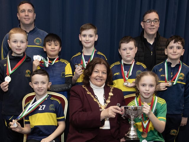 The Mayor of Derry City and Strabane District Council, Patricia Logue. pictured at the D&D Youth FA Annual Awards at the City Hotel on Friday night presents Don Boscos U10s with the Winter Cup. Included are coaches Aaron Starrs and Matt Rafferty. (Photos: Jim McCafferty Photography)