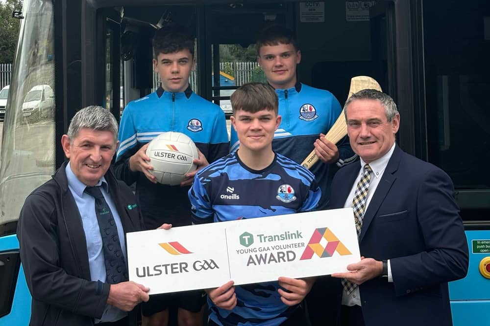 Translink Ulster GAA Young Volunteer of the Month Award winners for July 2024, Strabane Sigersons members Dara Langan, Rian Coyle and Hayden Snodgrass, pictured with Gererd Porter, Translink, and Ciaran McLaughlin, Ulster GAA President.