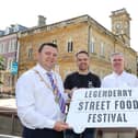 Mayor of Derry City and Strabane District, Councillor Ruairí McHugh pictured at the launch of the LegenDerry Street Food Festival which takes place on July 18 and 19, with James Huey, LegenDerry Food Network, Ciaran Doherty, Tourism N. Ireland, and Erin Mc Feeley, Alchemy Technology Services.