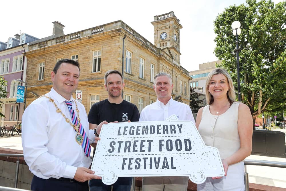 Mayor of Derry City and Strabane District, Councillor Ruairí McHugh pictured at the launch of the LegenDerry Street Food Festival which takes place on July 18 and 19, with James Huey, LegenDerry Food Network, Ciaran Doherty, Tourism N. Ireland, and Erin Mc Feeley, Alchemy Technology Services.