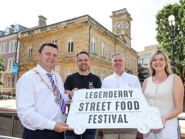 Mayor of Derry City and Strabane District, Councillor Ruairí McHugh pictured at the launch of the LegenDerry Street Food Festival which takes place on July 18 and 19, with James Huey, LegenDerry Food Network, Ciaran Doherty, Tourism N. Ireland, and Erin Mc Feeley, Alchemy Technology Services.