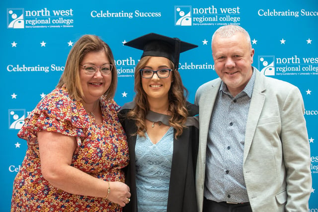 Stephanie Holmes who graduated with an Access Diploma in Health and Welfare is congratulated by mum Karen and dad Raymond at North West Regional College's Higher Education Graduation ceremony. 