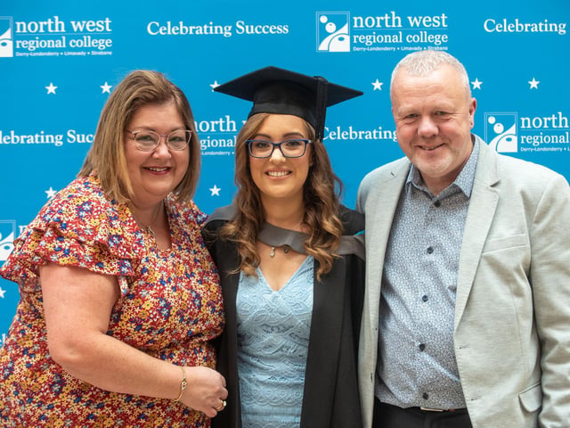 Stephanie Holmes who graduated with an Access Diploma in Health and Welfare is congratulated by mum Karen and dad Raymond at North West Regional College's Higher Education Graduation ceremony.