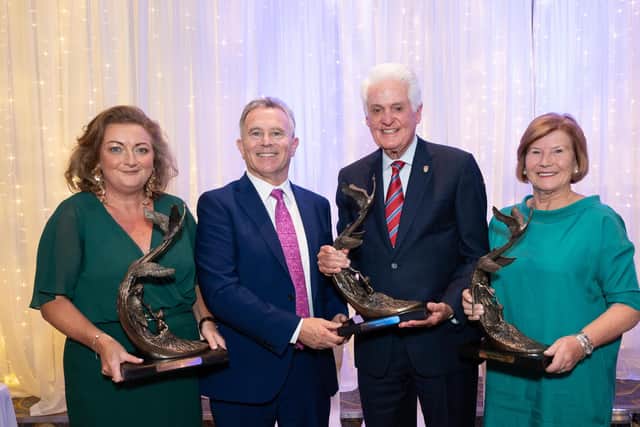 Tip O'Neill Award recipents Caroline McLaughlin, John T. Fries and Anne Campbell, collecting for Prof. William Campbell at the Tip O’Neill Irish Diaspora Awards 2023 in Buncrana with Seam Flemming, TD Minsiter of State at the Department of Foreign  Affairs. Photo Clive Wasson