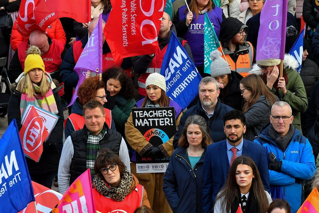 Teachers' unions members and supporters hold a strike rally in Guildhall Square on Tuesday morning. Photo: George Sweeney. DER2308GS 59