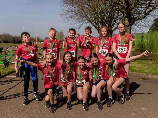 Some of the over 110 children from 14 local primary schools took part in the biggest-ever Caina Healey Children's Try-a-Tri, a special event organised by the Bogside and Brandywell Health Forum in partnership with the Danny Quigley Fund.