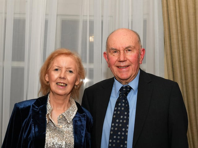 Margaret Jackson pictured with consultant Professor Frank Jones at her 65th birthday celebrations in Bishop’s Gate Hotel. Photo: George Sweeney