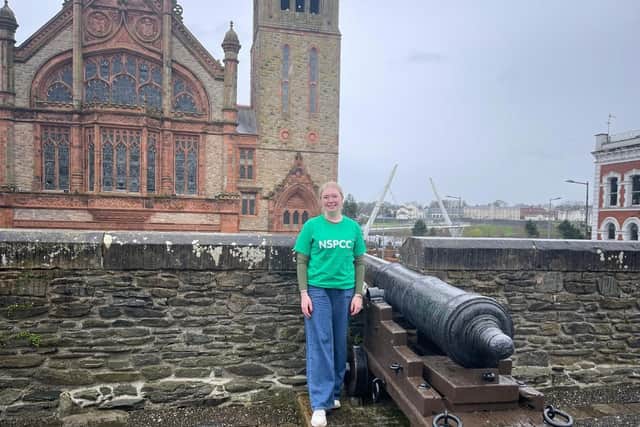Bronagh, getting in one of her 5k a day, at home, on the Derry Walls.
