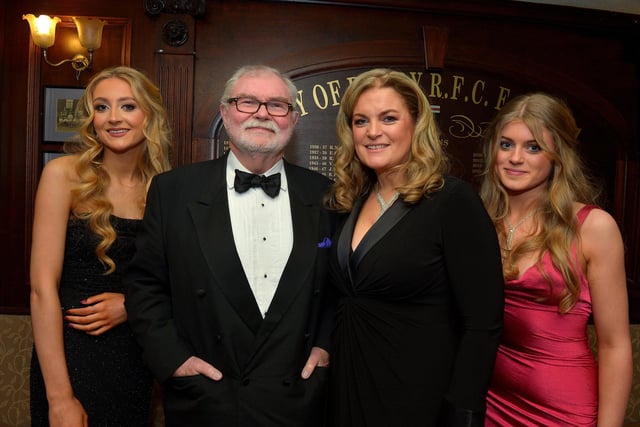 Guest Speaker Jim Neilly MBE, BBC Sports Commentator, pictured with Diane Nixon, President of City of Derry RFC, and her daughters Lucy and Genevieve at the City of Derry Rugby Club's annual dinner on Friday evening last. Photo: George Sweeney. DER2310GS – 32