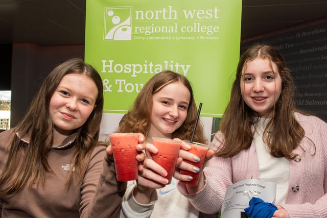 Enjoying a mocktail at NWRC's Open Day at Strand Road Campus are: Abigail Toomey, Eva McElwaine and Tiegan Morrison from Mulroy College. 