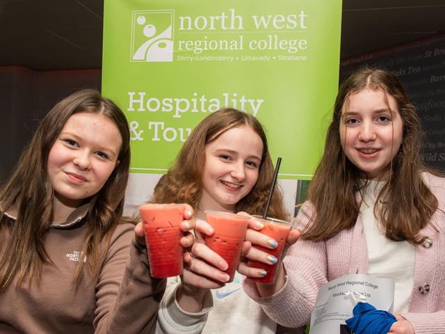Enjoying a mocktail at NWRC's Open Day at Strand Road Campus are: Abigail Toomey, Eva McElwaine and Tiegan Morrison from Mulroy College.