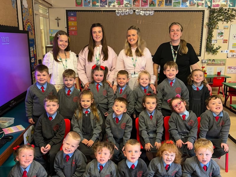 St. Brigid's Primary School Year 1 class with Miss Gallagher, Miss Wilson, class teacher Miss Eimear Campbell, and Miss Kiely.