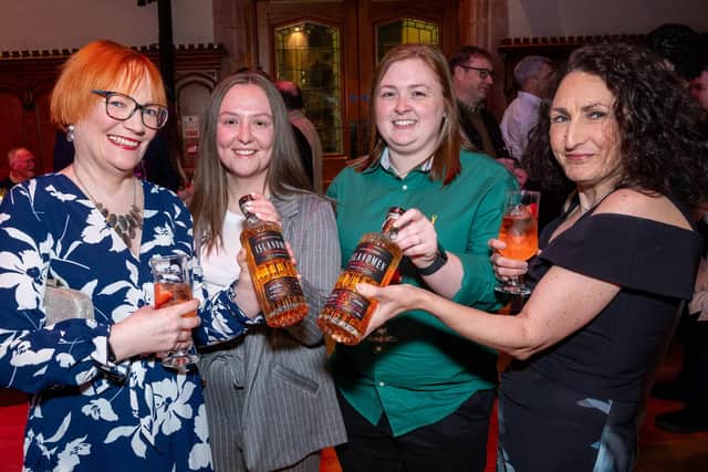 Pictured at the launch of the new IslandMen Irish Whiskey created by Wild Atlantic Distillery founders, Jim Nash, left and Brian Ash are, Alison Conaghan, Amy Law, Leeanne McNamee and Caroline Gallagher.