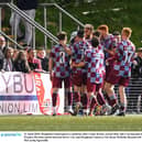 Drogheda United players celebrate after Conor Keeley scored their side's second goal at Brandywell.