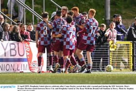 Drogheda United players celebrate after Conor Keeley scored their side's second goal at Brandywell.