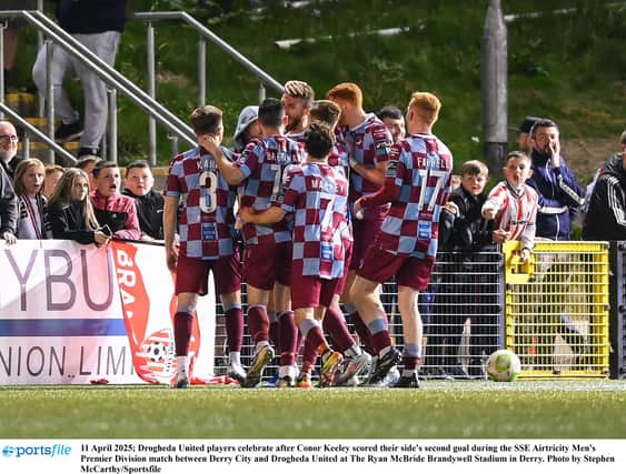 Drogheda United players celebrate after Conor Keeley scored their side's second goal at Brandywell.