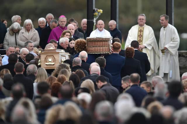 The funerals of Robert Garwe, aged 50 and his daughter Shauna Flanagan Garwe, aged 5 take place on October 15, 2022 at St. Michaels Church, Cresslough in Donegal. (Photo by Charles McQuillan/Getty Images)