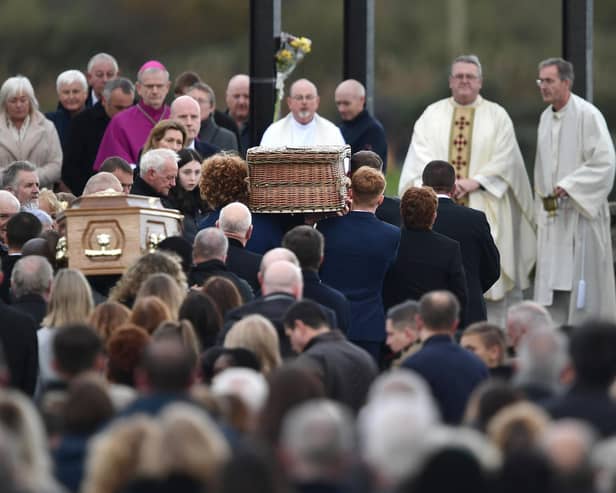 The funerals of Robert Garwe, aged 50 and his daughter Shauna Flanagan Garwe, aged 5 take place on October 15, 2022 at St. Michaels Church, Cresslough in Donegal. (Photo by Charles McQuillan/Getty Images)