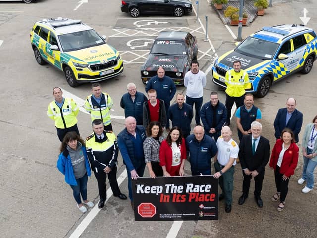 Representatives from Donegal County Council, An Garda Siochana, Donegal Motor Club, Road Safety Working Group, and supporting agencies came together for the official launch of the “Keep the Race in Its Place” road safety campaign, included are Superintendent David Kelly, Brian Brogan, Donegal Motor Club Chairman, Pamela Smullen, Road Safety Officer, Donegal County Council, Niamh Kennedy, Cathaoirleach Donegal County Council, Eamon McGee, Clerk of the Course Donegal International Rally,  Gary Gardiner, National Ambulance Service and John G. McLaughlin, CE Donegal County Council.  Photo Clive Wasson