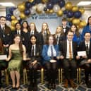 Derry Credit Union's Annual Young People's Awards 2025 winners receiving their prizes at the Waterfoot Hotel on Monday evening last from Owen McColgan, Keynote Speaker, and Youth Committee members Sarah Lindsay.