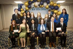 Derry Credit Union's Annual Young People's Awards 2025 winners receiving their prizes at the Waterfoot Hotel on Monday evening last from Owen McColgan, Keynote Speaker, and Youth Committee members Sarah Lindsay.