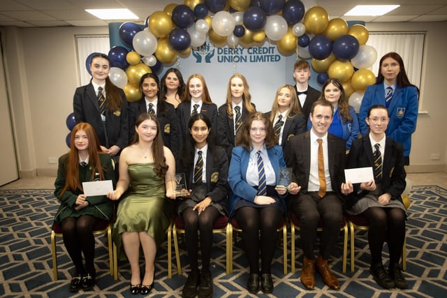 Derry Credit Union's Annual Young People's Awards 2025 winners receiving their prizes at the Waterfoot Hotel on Monday evening last from Owen McColgan, Keynote Speaker, and Youth Committee members Sarah Lindsay.