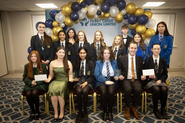 Derry Credit Union's Annual Young People's Awards 2025 winners receiving their prizes at the Waterfoot Hotel on Monday evening last from Owen McColgan, Keynote Speaker, and Youth Committee members Sarah Lindsay.