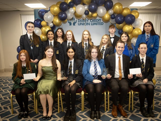 Derry Credit Union's Annual Young People's Awards 2025 winners receiving their prizes at the Waterfoot Hotel on Monday evening last from Owen McColgan, Keynote Speaker, and Youth Committee members Sarah Lindsay.