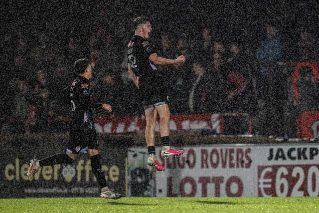 Teenager Terence Doherty celebrates scoring his side's second goal during the SSE Airtricity Men's Premier Division match between Sligo Rovers and Derry City at the Showgrounds in Sligo. Photo by Matthew Harvey/Sportsfile
