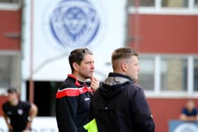 Derry boss Ruaidhri Higgins and first team coach Conor Loughery pictured during last season's Europa Conference League first round qualifier against Riga in Latvia.