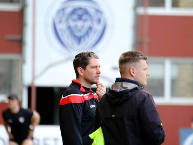 Derry boss Ruaidhri Higgins and first team coach Conor Loughery pictured during last season's Europa Conference League first round qualifier against Riga in Latvia.