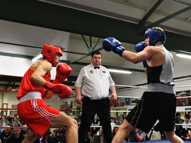 Josh Grey, Coleraine v Ben Hucthinson, St Josephs. Photograph: George Sweeney