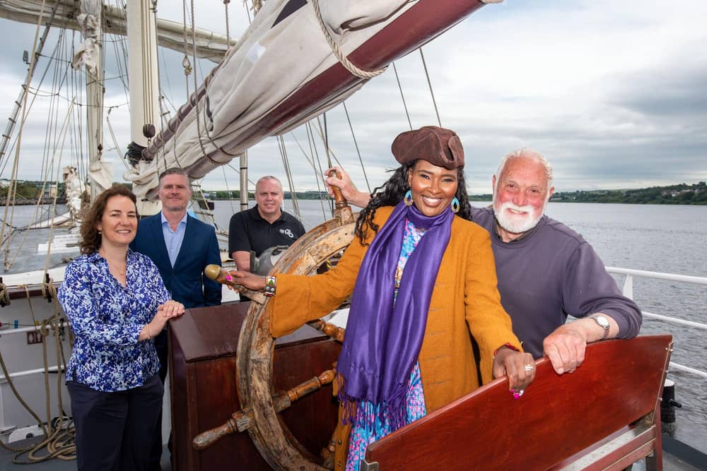 Derry City and Strabane District Council Mayor, Councillor Lilian Barr, takes the helm of the Tall Ship, La Malouine with Captain Roy Kerr as the Foyle Maritime Festival begins today, continuing until Sunday the 30th of June with four days of action packed activities including a spectacular sound and light show on Saturday the 29th. Joining the first citizen’s crew are Damian Rodgers, Foyle Port, Ciaran Doherty, Tourism Ireland and Aeidin McCarter, Head of Culture, Derry City and Strabane District Council. Picture Martin McKeown.