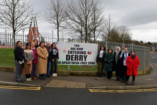 Members of the Bloody Sunday Trust and the Palestine Youth Movement pictured at the launch of the a sign erected by the Bloody Sunday Trust, at the Junction of Letterkenny Road and Lone Moor Road, as part of this year’s Bloody Sunday anniversary events. Photo: George Sweeney