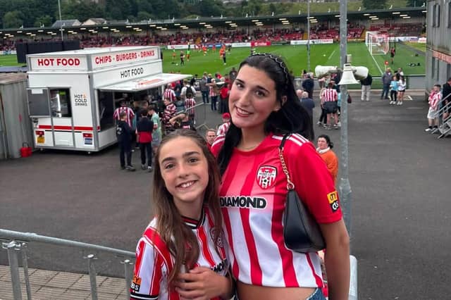 Claire and Molly Govern from Buffalo, New York pose for a photograph at Brandywell prior to kick-off.