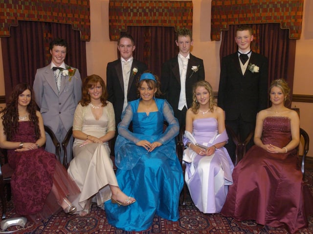 Seated, from left, Emma Gillespie, Melissa O'Connor, Sarah Lindsay, Joanne Gamble, and Louise McCosker. Standing, from left, Ciaran Fullerton, Rory Grant, Eamonn McNaught, and Donal Doherty. (1801PG03) : Scoil Mhuire Formal  in January 2005.