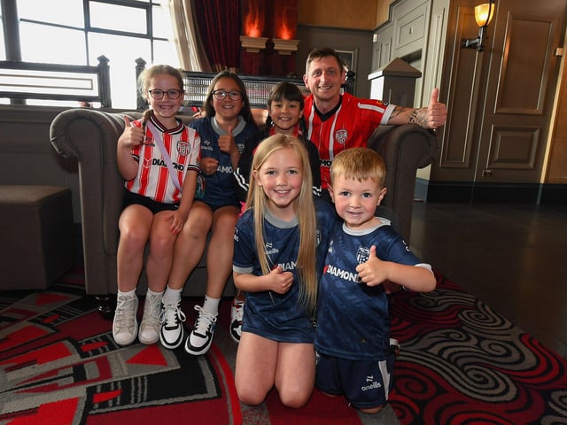 Derry City fans pictured at the Brunswick Moviebowl ahead of the live screening of the candystripes’ Europe Conference League away to FCB Magpies on Thursday evening. Photo: George Sweeney