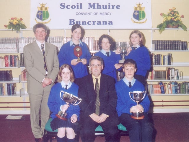 Seated from left, Jennifer Doherty, outstanding achievement award, Frank McHale, Parent's Council, and David Linke, outstanding achievement award. Standing, from left, Liam Rainey, principal, Ellevyn Irwin, outstanding sporting achievement, Matthew Bonner and Sinead Gillespie, " Grease" best ambassadors. (2005MG04)