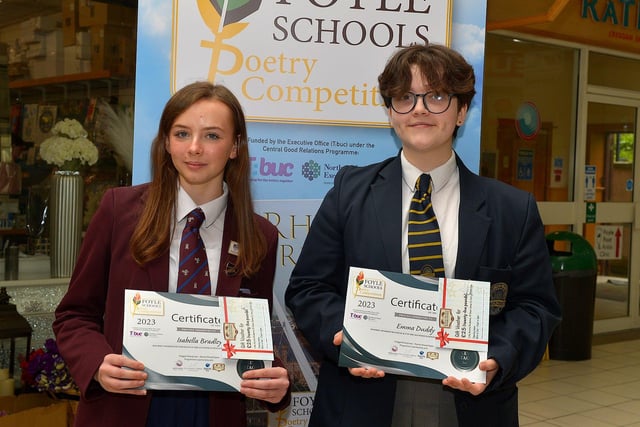 Joint Second Place in the KS3 My Community category in the inaugural Foyle Schools Poetry Competition were Isabella Bradley, Foyle College and Emma Duddy, Lumen Christi College. Photo: George Sweeney.  DER2313GS – 40