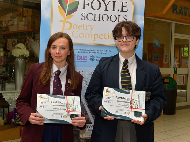 Joint Second Place in the KS3 My Community category in the inaugural Foyle Schools Poetry Competition were Isabella Bradley, Foyle College and Emma Duddy, Lumen Christi College. Photo: George Sweeney.  DER2313GS – 40