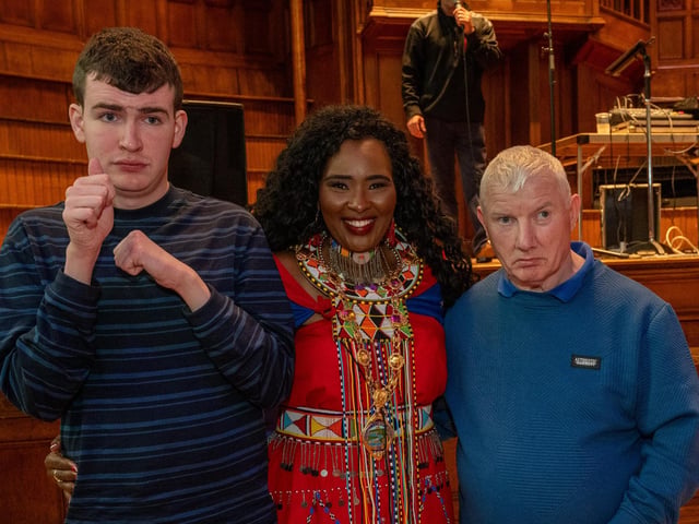 Adam Barry and Damien Neeson pictured with the Mayor Councillor Lilian Seenoi-Barr who hosted an Afrobeat Tea dance in the Guildhall which blended traditional waltzes with a selection of upbeat tunes bringing people to their feet on the dance floor of the main hall. Picture Martin McKeown. 09.10.24