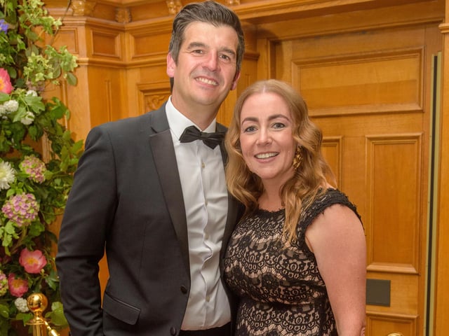 The Mayor Councillor Patricia Logue hosted the annual Mayor’s Ball in the Guildhall in aid of her crossed Charities the Foyle Hospice and Ryan McBride Foundation. Pictured at the event are guests, Aidan and Councillor Grace Nelis. Picture Martin McKeown. 24.05.24