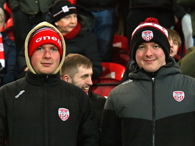 Candystripe fans at the Brandywell for Friday evening’s game. Photo: George Sweeney