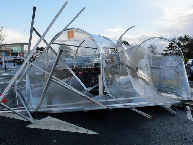 Trolley bays at Sainsburys damaged by Storm Isha. Photo: George Sweeney