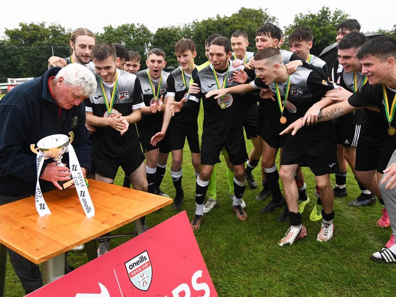 Connie McAllister gets ready to hand over the O'Neills Foyle Cup Under-19's trophy to the winning Maiden City team at Ardmore on Friday evening.