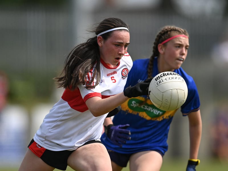 Action from the 2023 All-Ireland U14 Gold Final between Derry and Tipperary at Clan na Gael GAA Club in Dundalk, Louth. Photo by Stephen Marken/Sportsfile